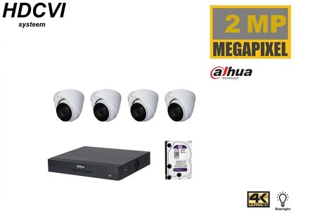 Dahua HDCVI kit 4 kanalen DVR incl 1 TB HDD en 4 pignose camera&#039;s 2MP met IR