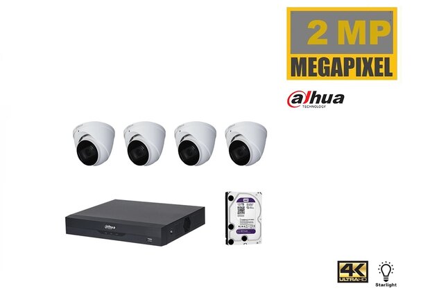 Dahua HDCVI kit 4 kanalen DVR incl 1 TB HDD en 4 pignose camera's 2MP met IR