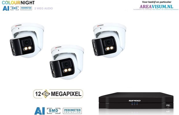 SPRO NVR 3TB met 3 dubbele 4MP full color camera met audio.