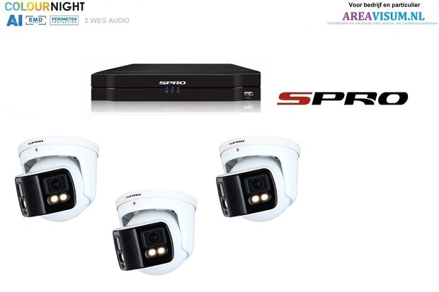 SPRO NVR 3TB met 3 dubbele 4MP full color camera met audio.