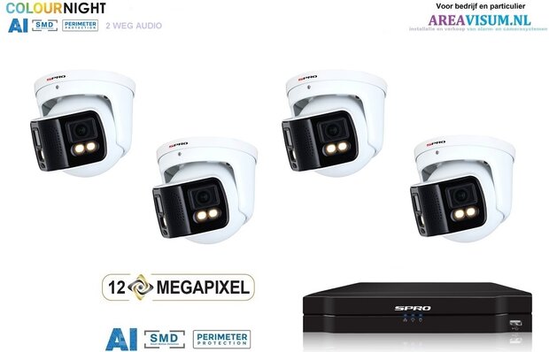 SPRO NVR 3TB met 4 dubbele 4MP full color camera met audio.