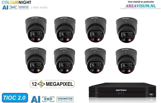 SPRO turret camera 8 x 8MP - kit met kleur-nachtzicht en audio TIOC 2.0 grijs