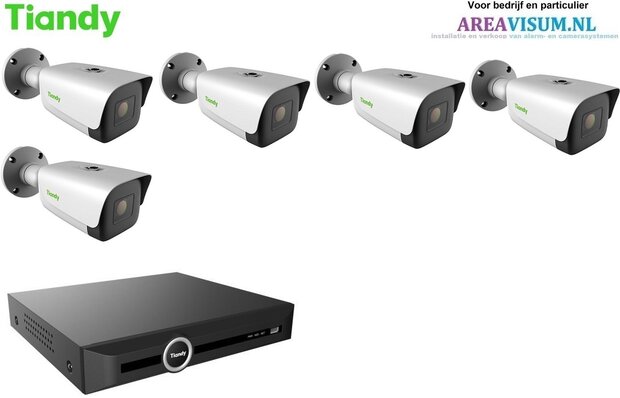 Tiandy NVR met 5 x 8MP 80M starlight bullet camera met 2-weg audio